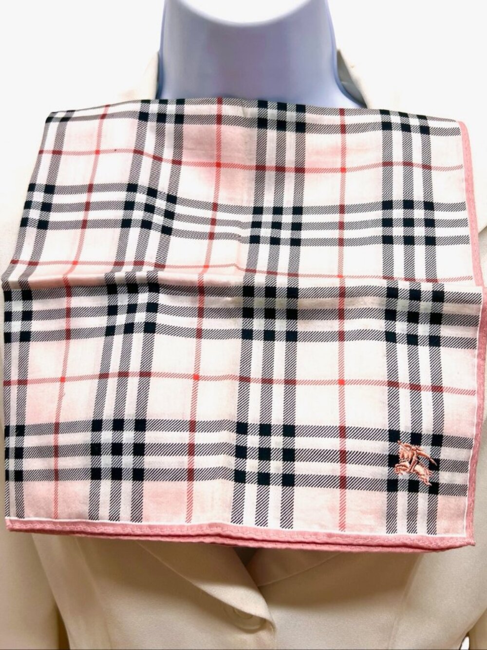 New- Burberrys mini scarves /neck-kerchief19.5"x19.5 Pink  gray black check (99) - Picture 5 of 10